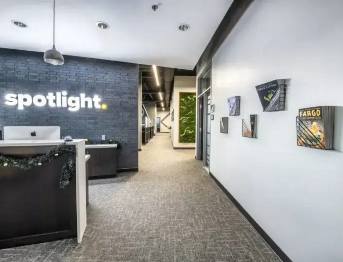 The Spotlight Media reception area in Fargo, ND, with Fargo INC! magazines on display