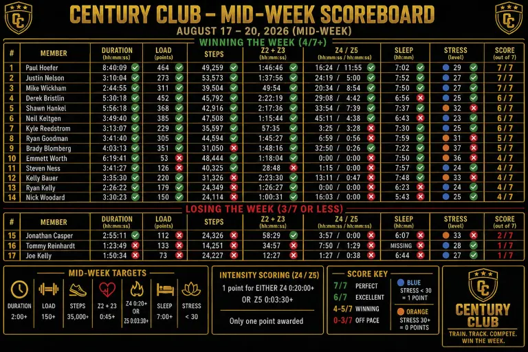 Century Club mid-week scoreboard listing members with duration, load, steps, sleep, stress and score