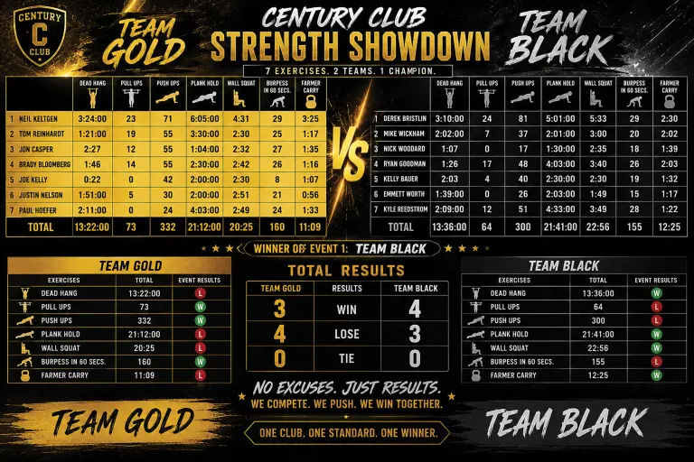 Century Club Strength Showdown results graphic showing Team Gold versus Team Black