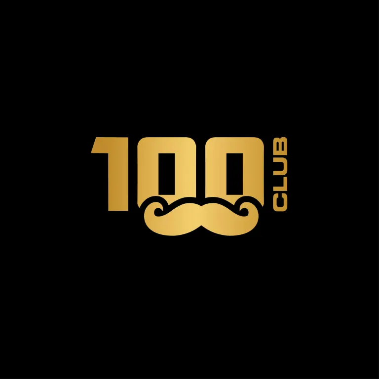 Gold 100 Club logo with a mustache on a black background