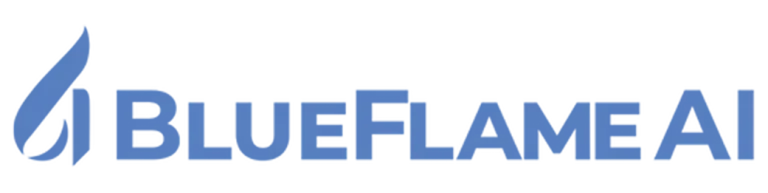BlueFlame AI logo with blue flame icon and bold blue text on black background.