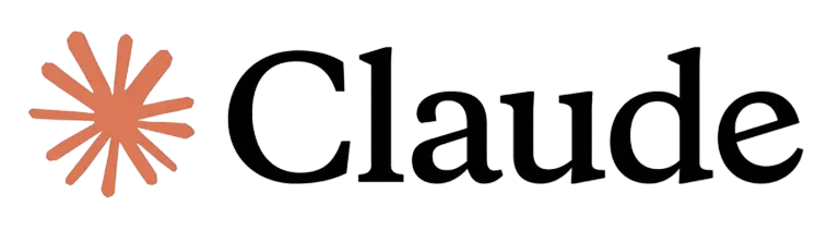 Orange starburst graphic next to the word Claude in large, outlined black letters on a dark background.