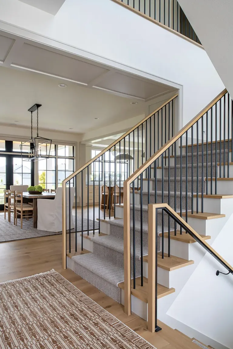 Open-concept living area with wooden staircase, black metal railings, dining table, beige chairs, and bright natural light.