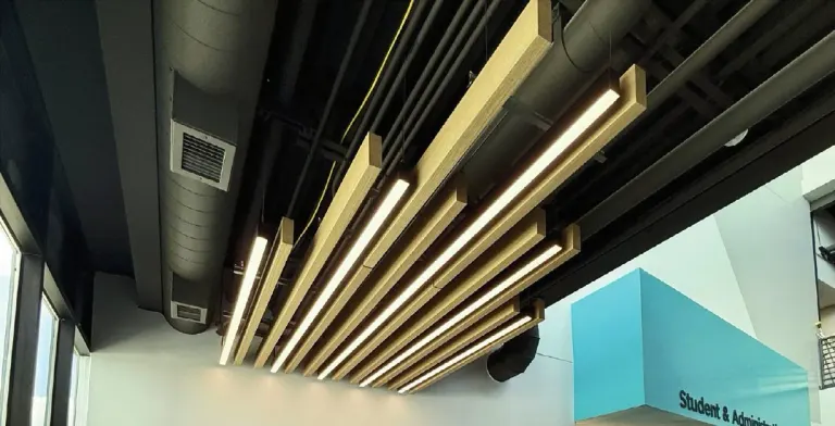 Gold and black linear ceiling baffles with built-in lighting