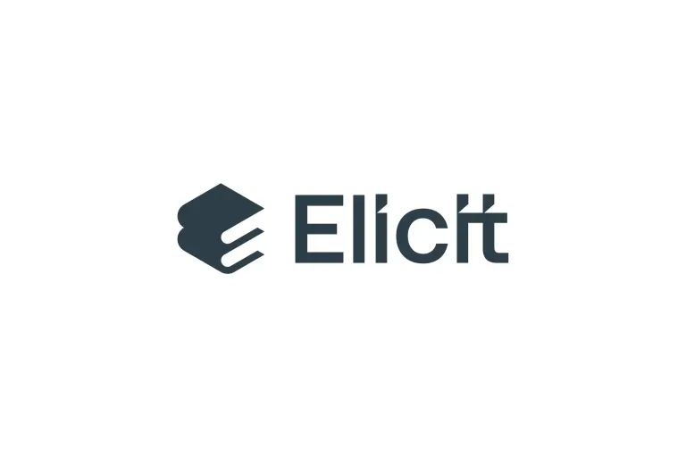 Brand logo with dark blue book icon and the word “Elicit” on a white background.