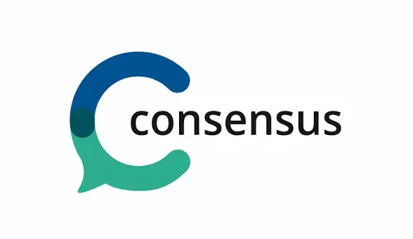 Logo of a blue-to-teal curved speech bubble with the word “consensus” in black letters.