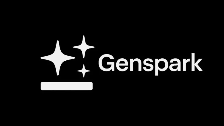 Genspark logo with three star-like sparkles and a horizontal bar on black background.
