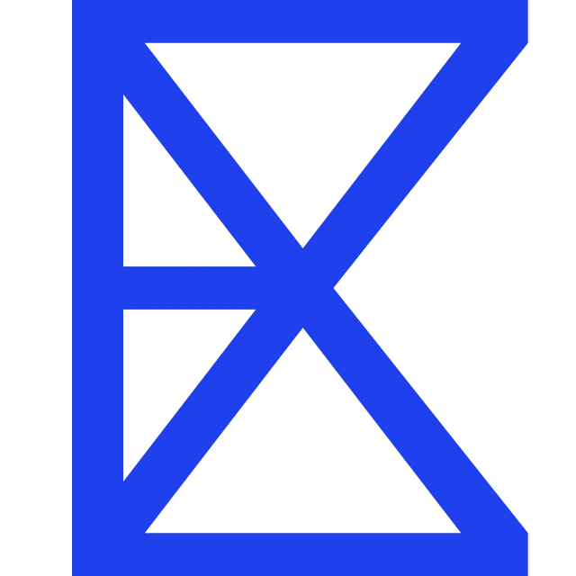 Bold blue geometric letter X overlays black background.