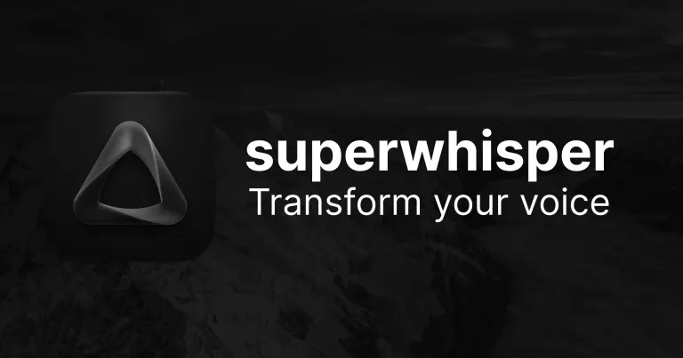 Dark magazine cover with “superwhisper” logo and slogan “Transform your voice” in white text.