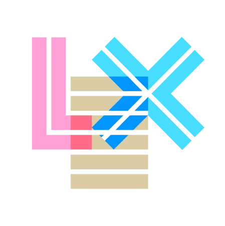 Abstract geometric shapes in pink, tan, and blue crossing on a black background.