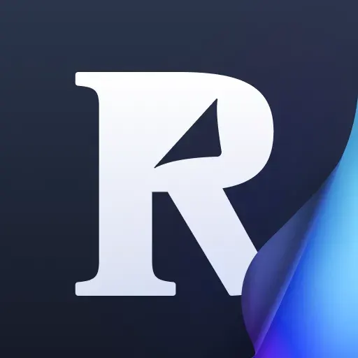 Large white letter "R" on dark background with blue curved corner overlay.