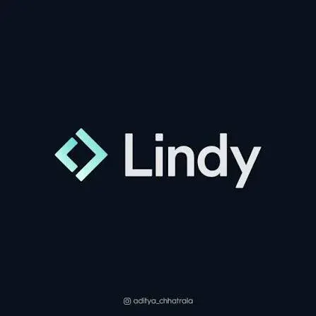 Lindy logo with teal geometric icon and brand name on dark background, captioned user handle at bottom.