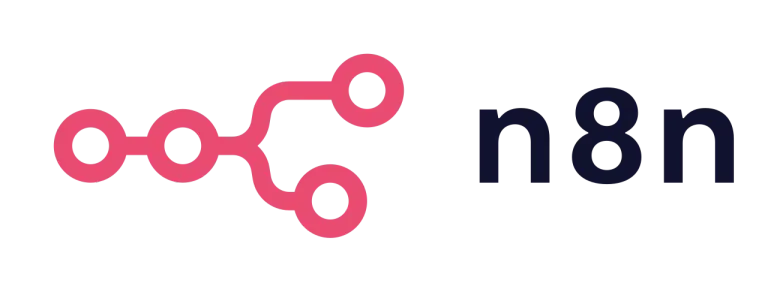 Pink network-like symbol with three branches on black background, followed by faint “n8n” text.