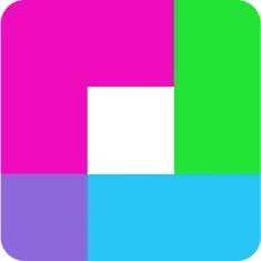 Colorful geometric mosaic: bright pink, lime green, purple, sky blue blocks with a black square centerpiece.