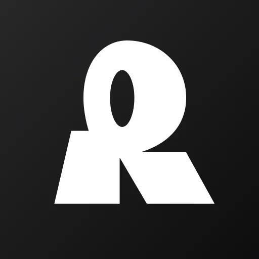 Bold white stylized letter “R” on black background, magazine cover logo centered.
