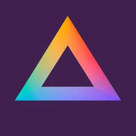 A large inverted triangle logo with a gradient rainbow border on a dark purple background.