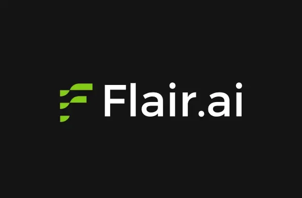 Flair.ai logo with green abstract mark and white text on black background.