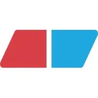 Two geometric shapes: red trapezoid on left and blue trapezoid on right, separated by a small gap.