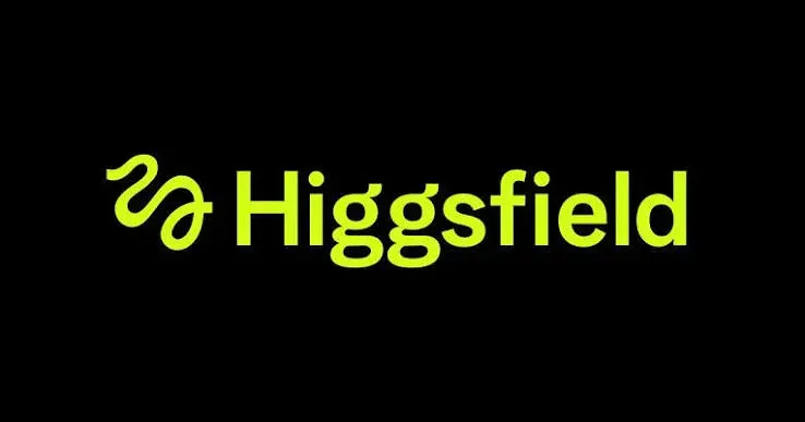 Higgsfield logo in neon yellow text on black background with wavy symbol to the left.