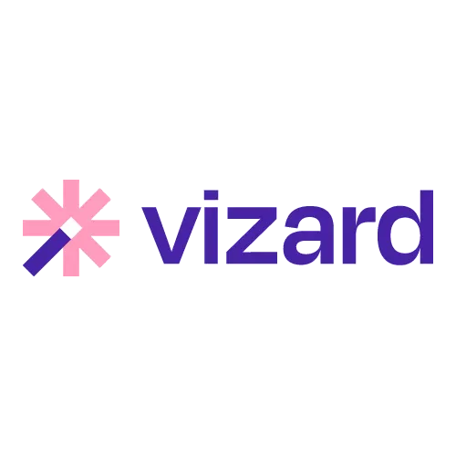 Logo: pink asterisk-like star next to the word “vizard” in purple on black background.