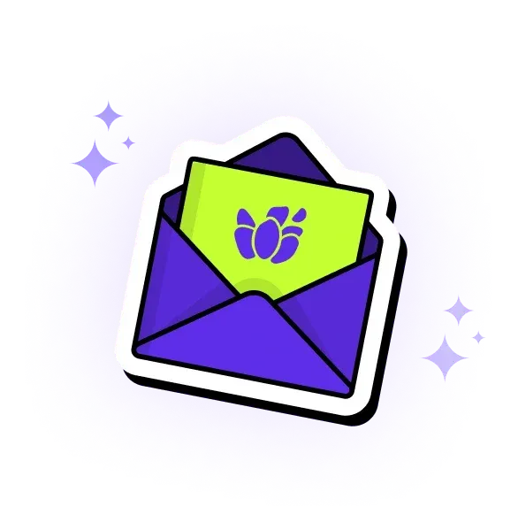Bright lime-green card peeks from a purple envelope, with sparkling stars on a dark background.