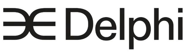 Delphi logo in light gray on black background, stylized letters and circular emblem on left.
