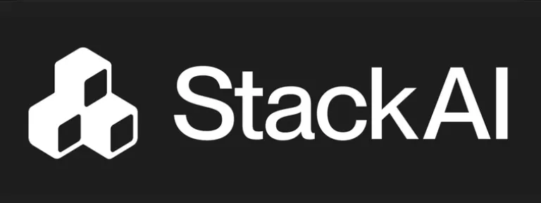 StackAI logo on dark background, hexagonal icon to left and bold white text “StackAI” to the right.