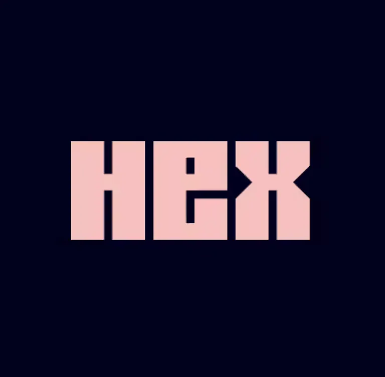 Text logo reading “HEX” in bold pink letters on a dark navy background.