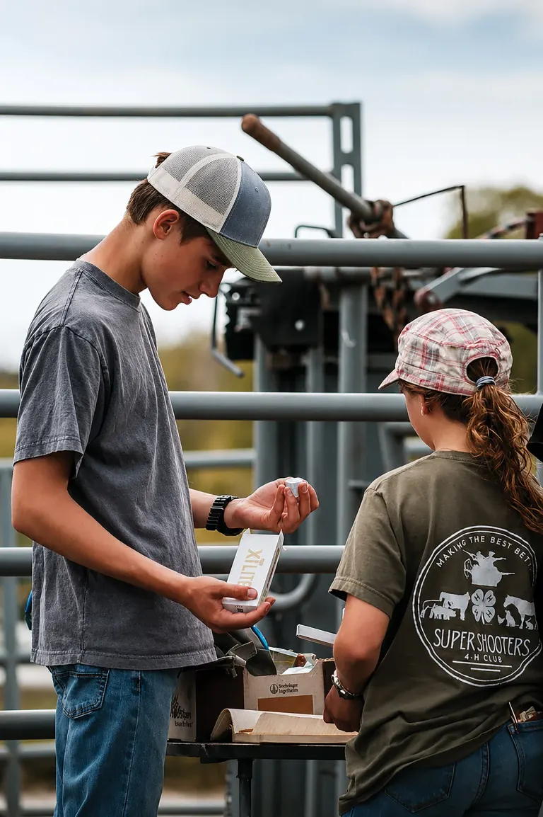 Two teens examine a small item from a white box, outdoors near metal rails and equipment.