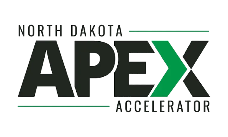 North Dakota APEX Accelorator logo with large gray letters and green angled arrow on black background.