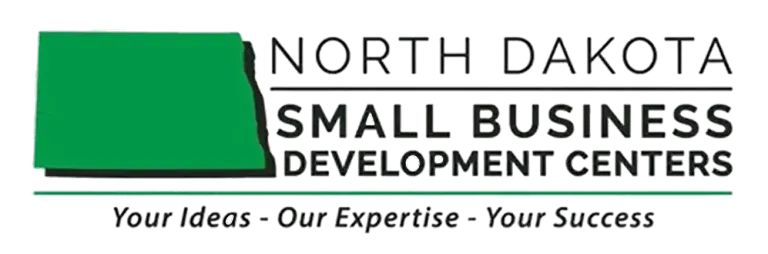 North Dakota Small Business Development Centers logo with green map silhouette and tagline: Your Ideas, Our Expertise, Your Success.