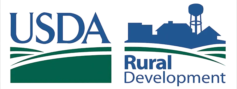 USDA Rural Development logo with blue text and green fields on black background.