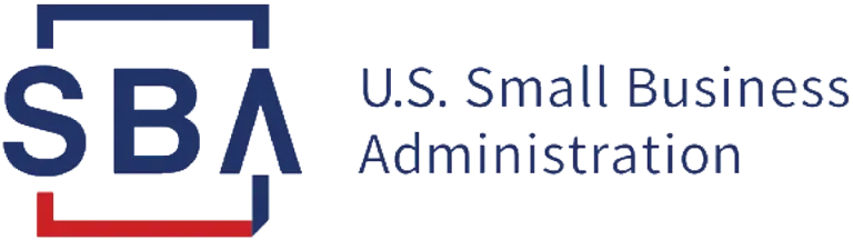 Logo for SBA: blue letters "SBA" with red and blue brackets, text reads "U.S. Small Business Administration.