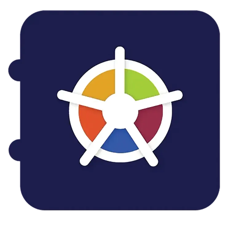 A circular alarm wheel with colored segments inside, white spokes, on a dark blue rounded square background.