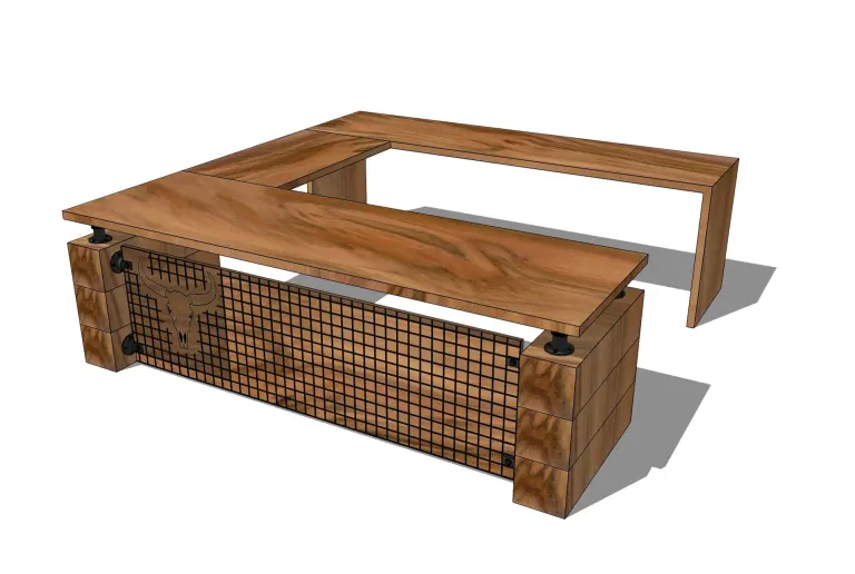 3D rendering of a U-shaped desk with a metal grid front