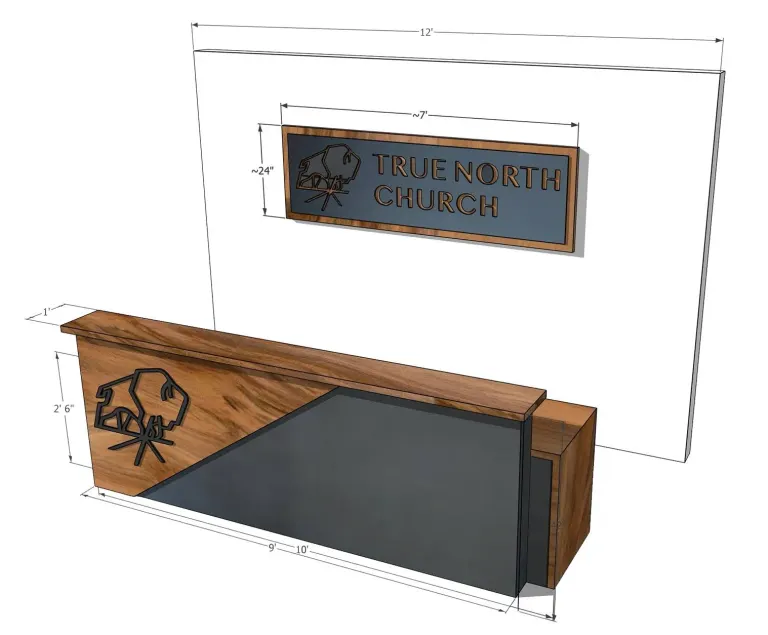 3D rendering of a reception desk with a True North Church sign on the wall