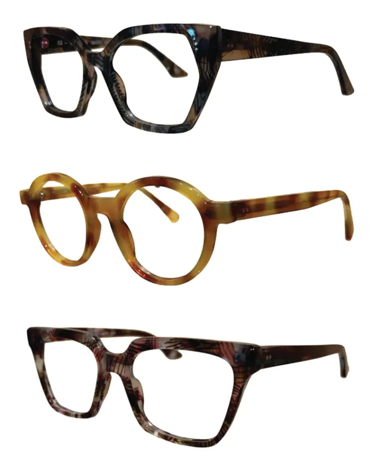 Three pairs of colorful eyeglasses in tortoiseshell and round-square shapes on white background.