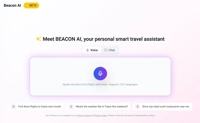Magazine page showing Beacon AI homepage with a purple mic icon, headline, and navigation bar.