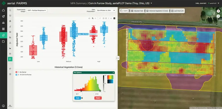 aerialPLOT's novel geospatial multi-factor analytics (geoMFA) dashboard reveals insights about crop responses in grower field trials, enabling companies to build performance models for better confidence and broad-scale adoption.