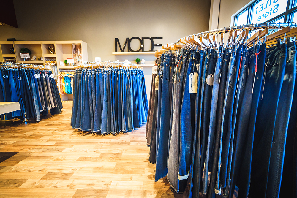 Clothing Rack at MODE in Fargo displaying Jeans